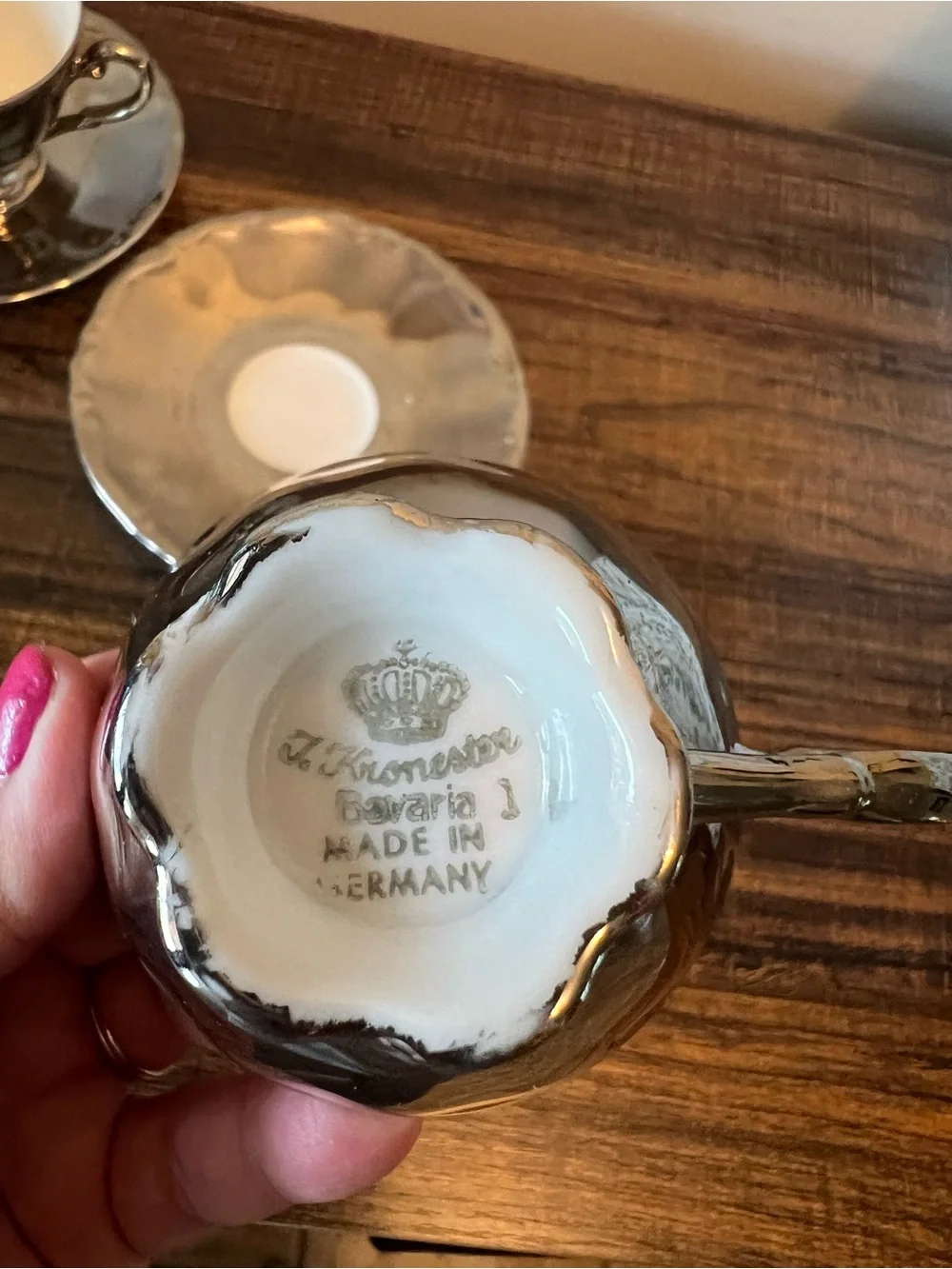 J. Kronester Bavaria Porcelain Silver White Germany 2 demitasse cups saucers